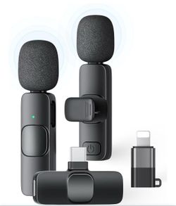 2 Pack Wireless Lavalier Microphone for iPhone iPad and Android Phone, Lapel Mic Plug and Play Wireless Mic Noise Reduction Mini Microphone for Video