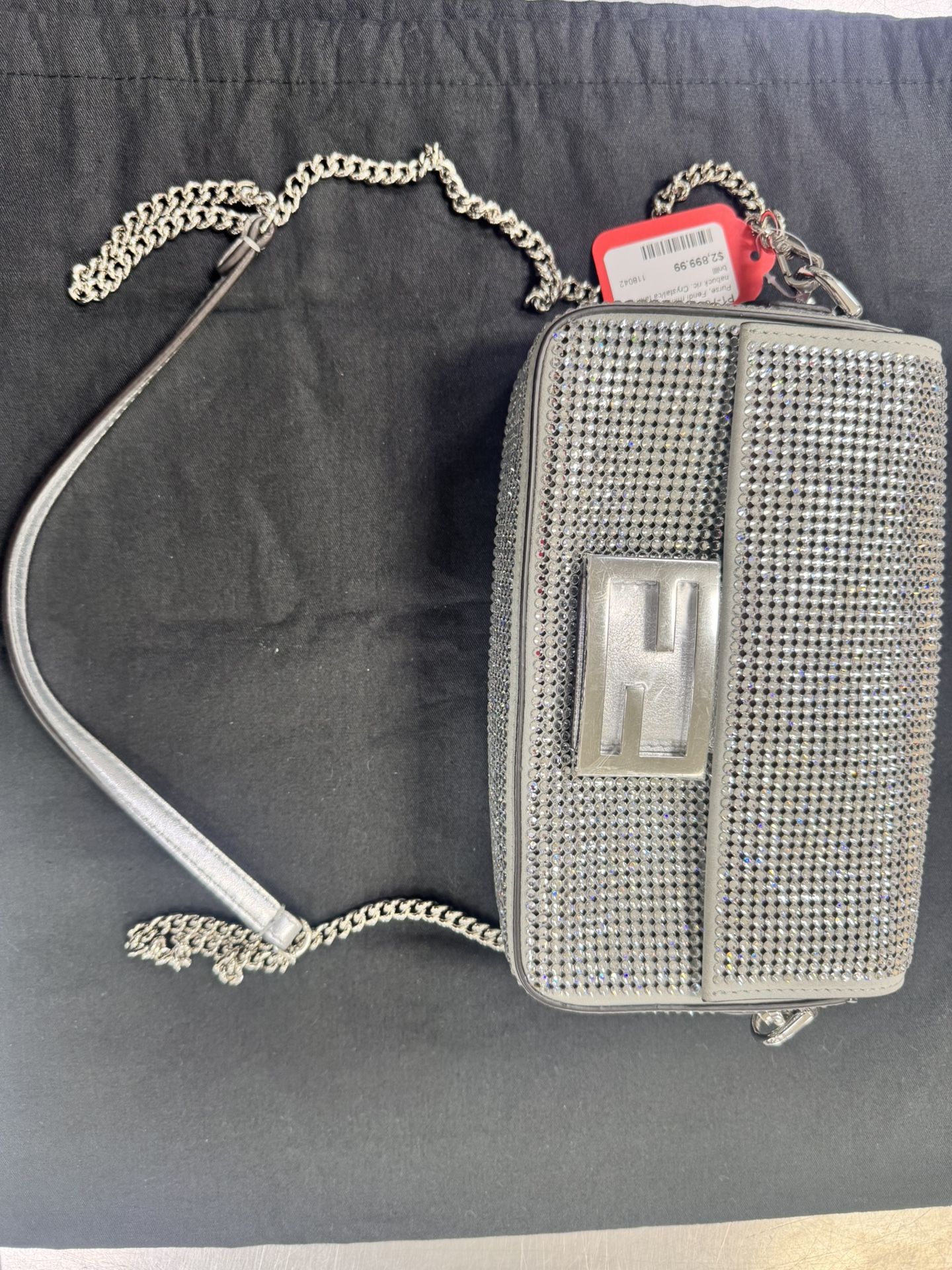 Fendi Crystal Vitello Laminato FF Mini Baguette Crystal Argento