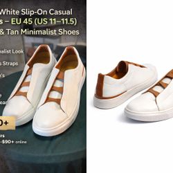Men’s White Slip-On Casual Sneakers – EU 45 (US 11–11.5) – White & Tan Minimalist Shoes 