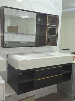 48" Wooden Floating Vanity White Stonetop Sink  w/ Led Mirror 
