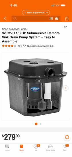 Superior Pump 92072-U 1/3 HP Submersible Remote Sink Drain Pump System - Easy to Assemble