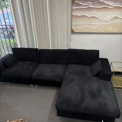 New 113” Black Corduroy Fabric Sectional Sofa L-Shape Sofa