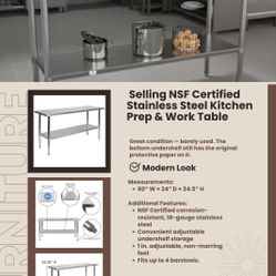 Selling Certified Stainless Steel Kitchen Prep & Work Table
