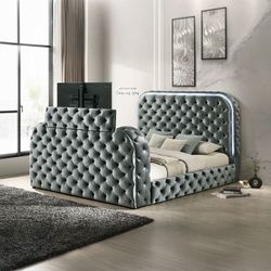 Kana Queen Bed Frame Gray Velvet w/ LED Headboard, Fireplace, TV Lift & Bluetooth