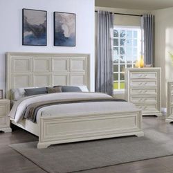 Brand New White Wash Queen Bedframe + Dresser + Mirror + Nightstand 4PCs Set