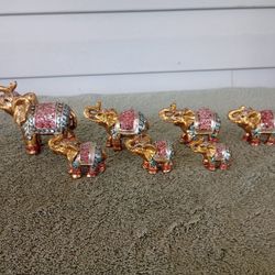 Set of 7~ Gold & Red Lucky Elephants Statues Feng Shui Figurine Home Decor