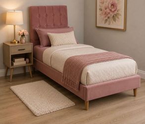 MOVING SALE! Twin Velvet Upholstered Platform Bed Frame w/Memory Foam Mattress, Pink