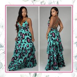 🌺 ANIMAL PRINT DRESS MAXI LONG RUFFLE BOTTOM LEOPARD SLEEVELESS V NECK FLARE