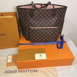 Authentic New Louis Vuitton Damier Ebene Pink/Rose Ballerine Interior Neverfull MM Handbag 