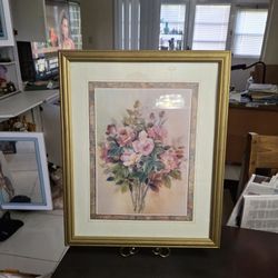 Art Print Pink Rose Bouquet, Elegantly Framed & Matted Late 20th Century 10" X 14" Framed 22"x18" By Lily Chang