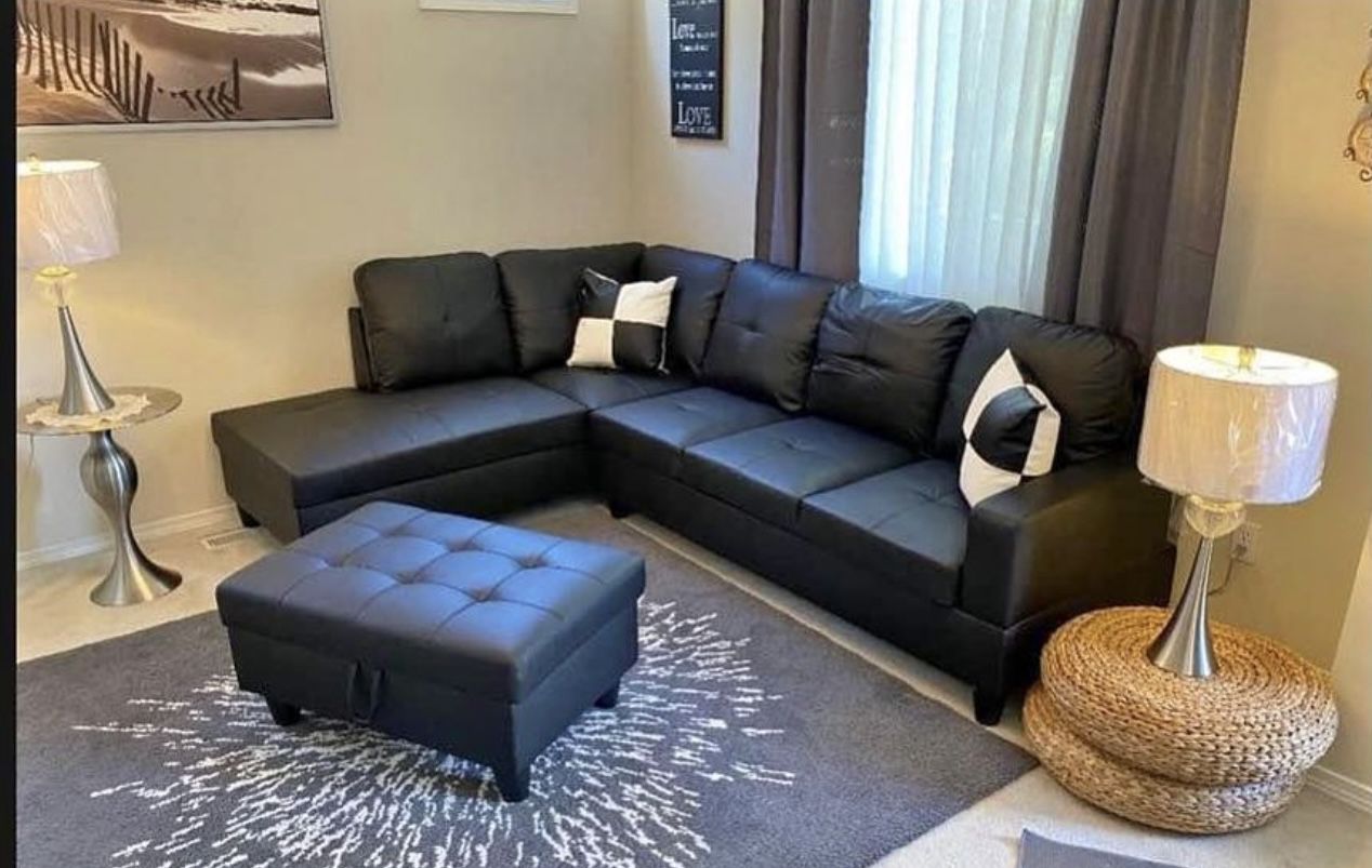 Black Leather Sectional Couch And Ottoman