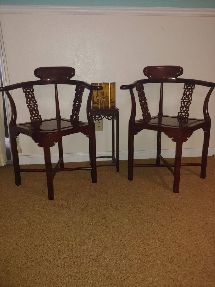 Solid Rosewood Asian style chairs with end table