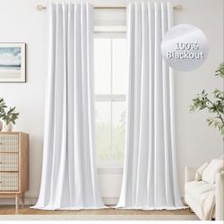 Guken White Linen Blackout Curtains 108 Inch Length 2 Panels Set for Living Room Bedroom Back Tab Thermal Insulated 100% Black Out Linen Drapes Room D