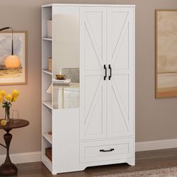 Armoire Wardrobe Closet with Barn Doors and Drawers and Full Mirror and 5 Storage Shelves 70" Wooden Bedroom Wardrobe Combination for Hanging Clothes,