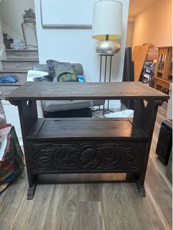 Vintage Carved Oak Monk’s Bench – Fold-Down Table & Storage – Tudor/Gothic Style