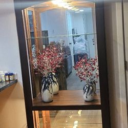 Elegant Lighted Curio Cabinet – Glass Shelves – Dark Wood – Excellent Condition