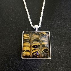 Sterling silver necklace with black gold acrylic paint pour square pendant 20"