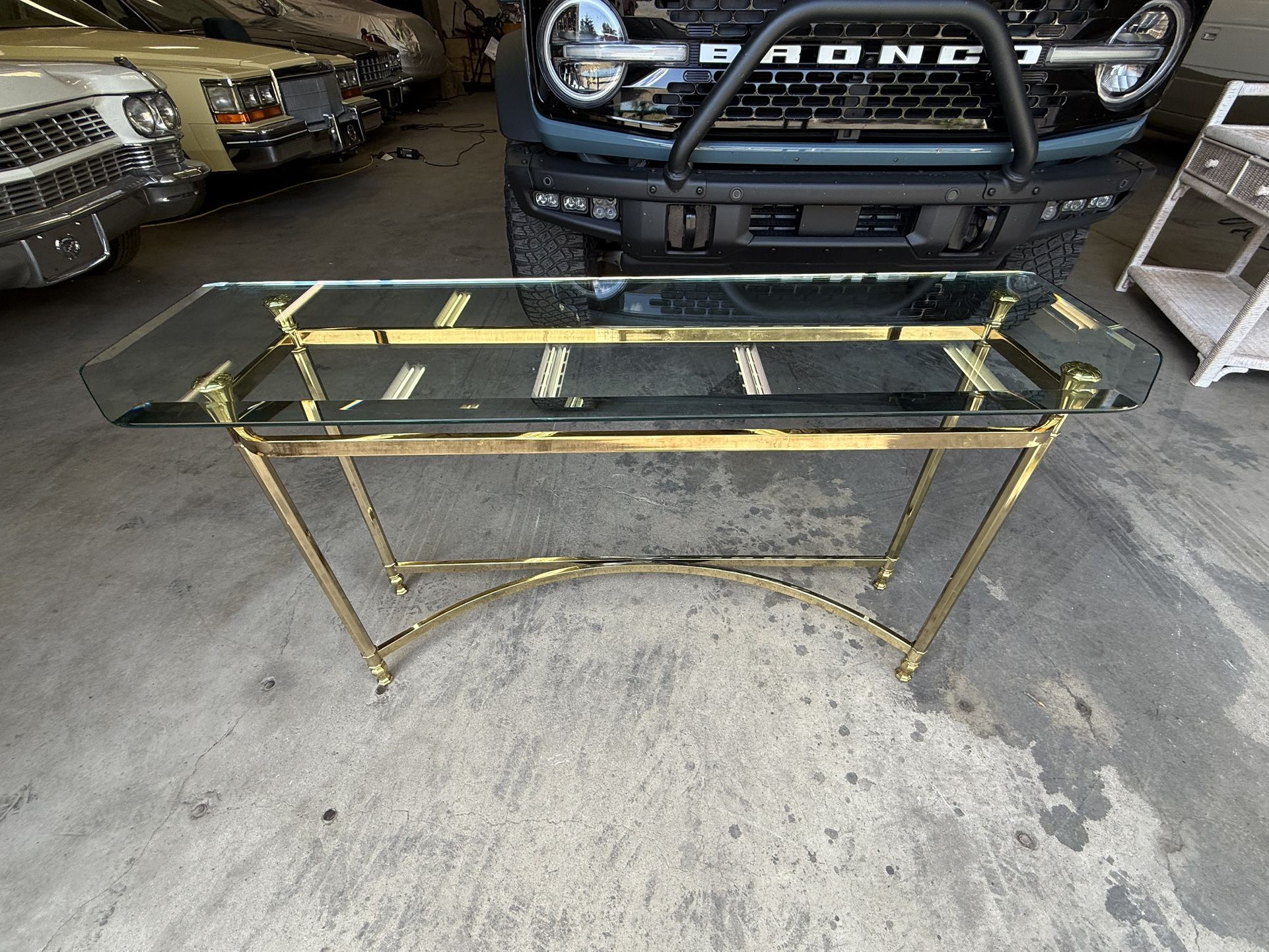 Beautiful Vintage Brass And Glass Console Table Hall Table, Beveled Edge