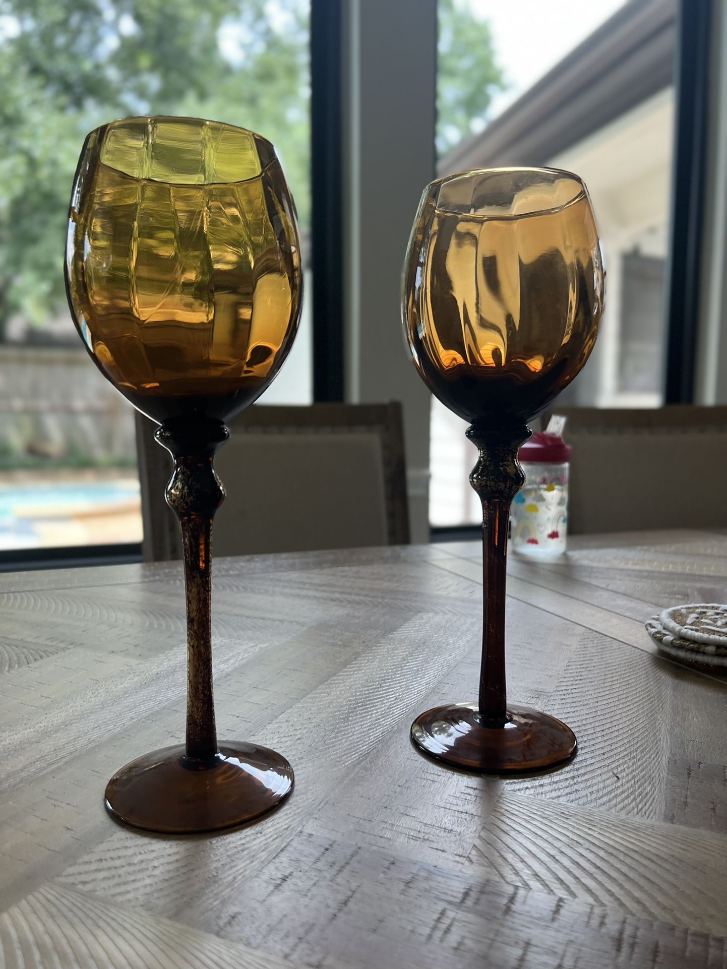 Set Of 9 Amber Glass Pedestal Stemware