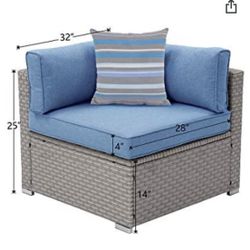 COSIEST Outdoor Furniture Add-on Left Corner Chair for Expanding Wicker Sectional Sofa Set w Heritage Blue Thick Cushions, 1 Stripe Woven Pillow for G