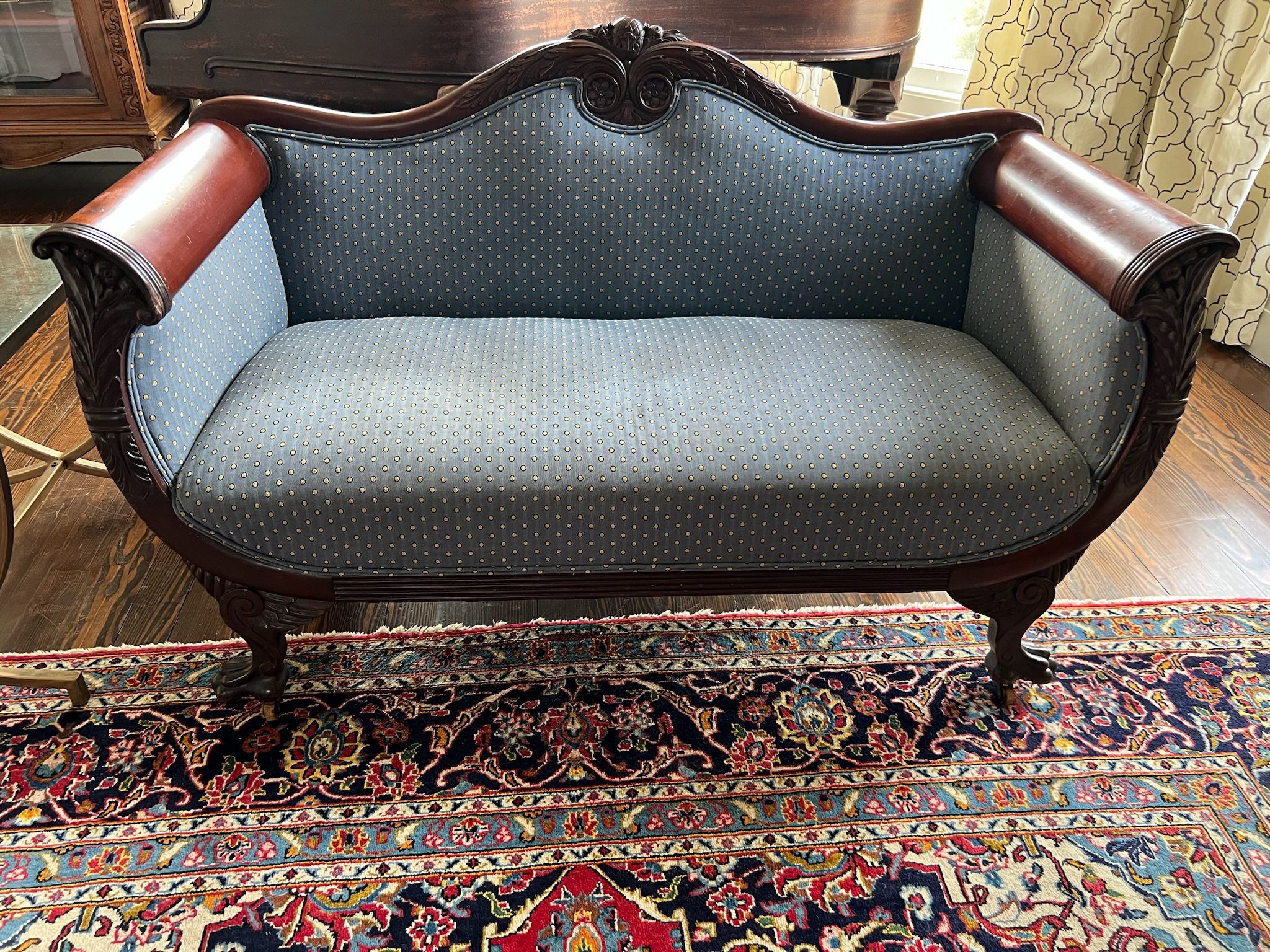Gorgeous Wood and Upholstered Antique Settee in Great Condition 56.5”w x 34.5”h x 24”d x 16”sh x 22”sd Smoke free household