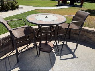 2 barstools and tile table with umbrella stand Set