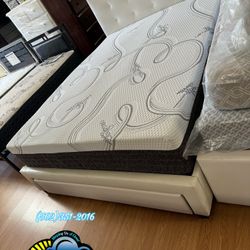 White Faux Leather Bed Frame With Memory Foam Mattress Set 