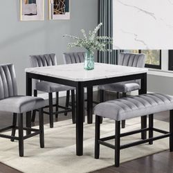 6pc Counter Height Dining Set White faux marble table 48x48, black frame, 4 Gray velvet upholstered chairs and matching bench