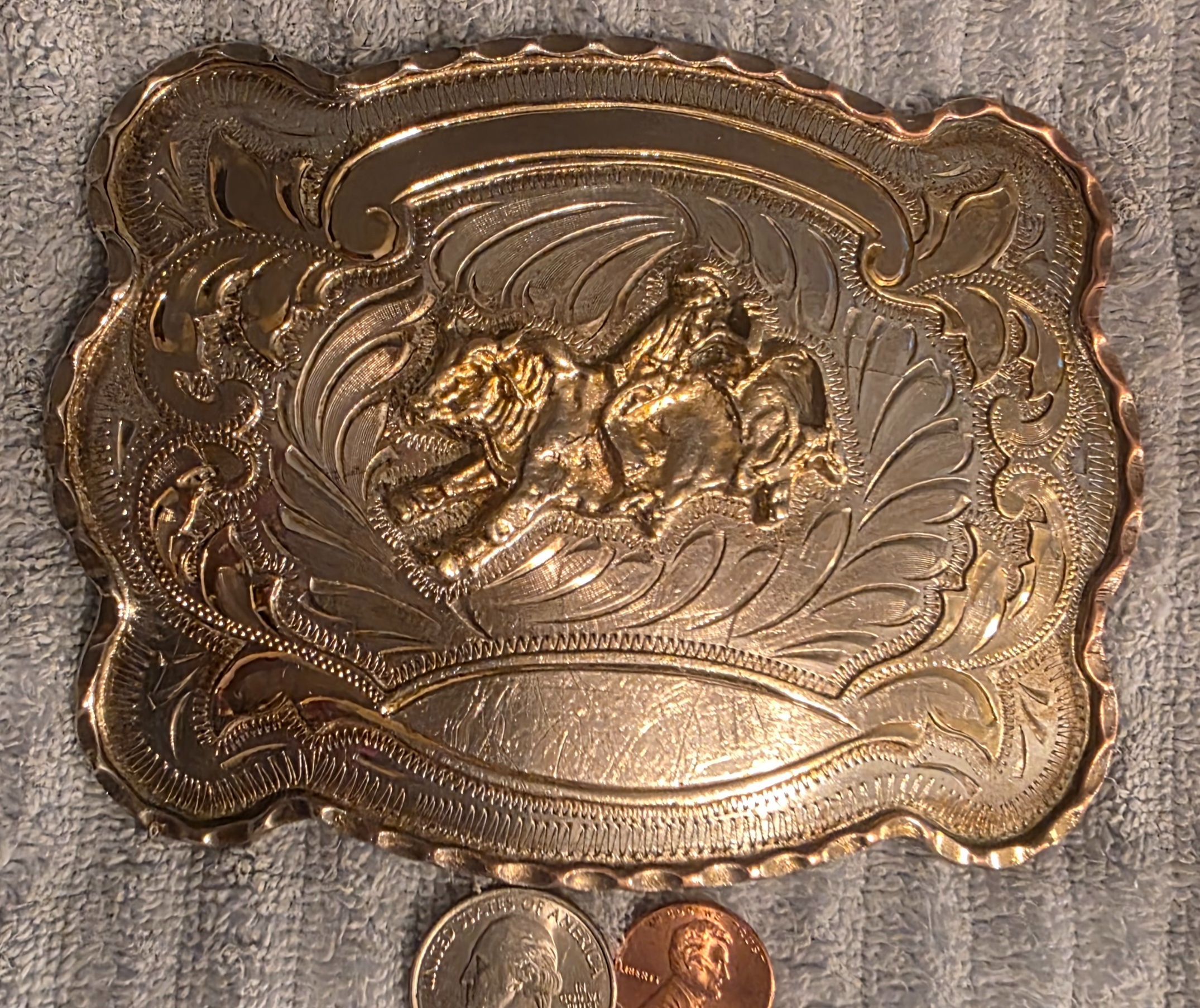 Vintage Metal Belt Buckle, Big Size, Bull Riding, Brass and Alpaca Silver, Texas, Cowboy, Rodeo, Nice Western Style Design, 5 1/4" x 4", Heavy Duty, Q