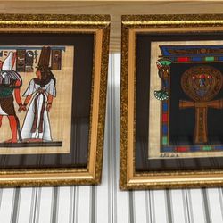 Set of 2 Egyptian Papyrus Paintings w/ Matching Gold Frames