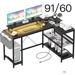 L Shaped Desk with Power Outlet & LED Lights, Reversible Corner Computer Desk with Storage Shelves & Monitor Stand, Home Office Desk for Gaming Writin