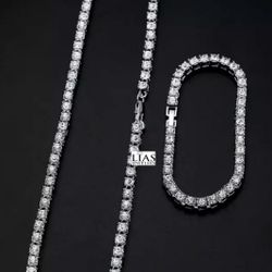 New 18k White Gold Tennis Chain And Bracelet Set 