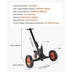 285]Heavy-Duty Trailer Dolly, 1500lbs Tongue Weight Capacity, 2 in 1 Trailer Mover with 2 in Ball, 16 in Pneumatic Tires and Universal Wheel, Portable