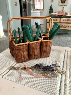 Vintage green handle Silverware set and wicker organizer
