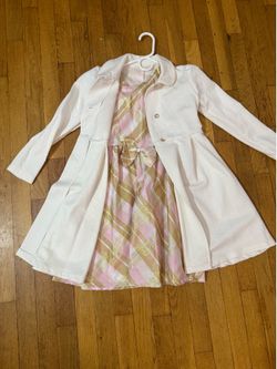 Girls White Textured Coat with Pink Plaid Dress Set(2 in 1 dresses)