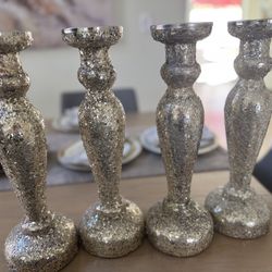  4 Silver Glittered Tall Candleholders ( Set Of 4)