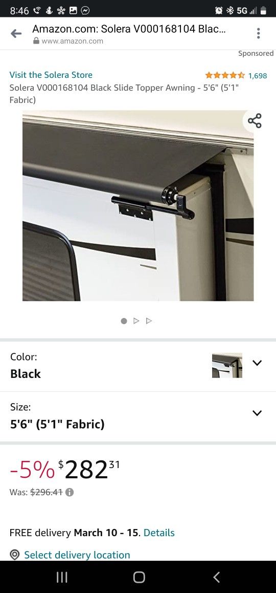 Solera V000168104 Black Slide Topper Awning - 5'6" (5'1" Fabric)