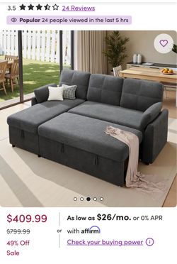 L-Shaped Sleeper Sofa with Storage Chaise Pull-Out Bed, Linen Gray