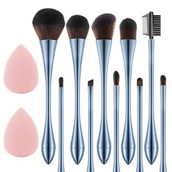 *New in Box* 10Pcs Makeup Brush Set w/ 2 Beauty Blenders - Blue