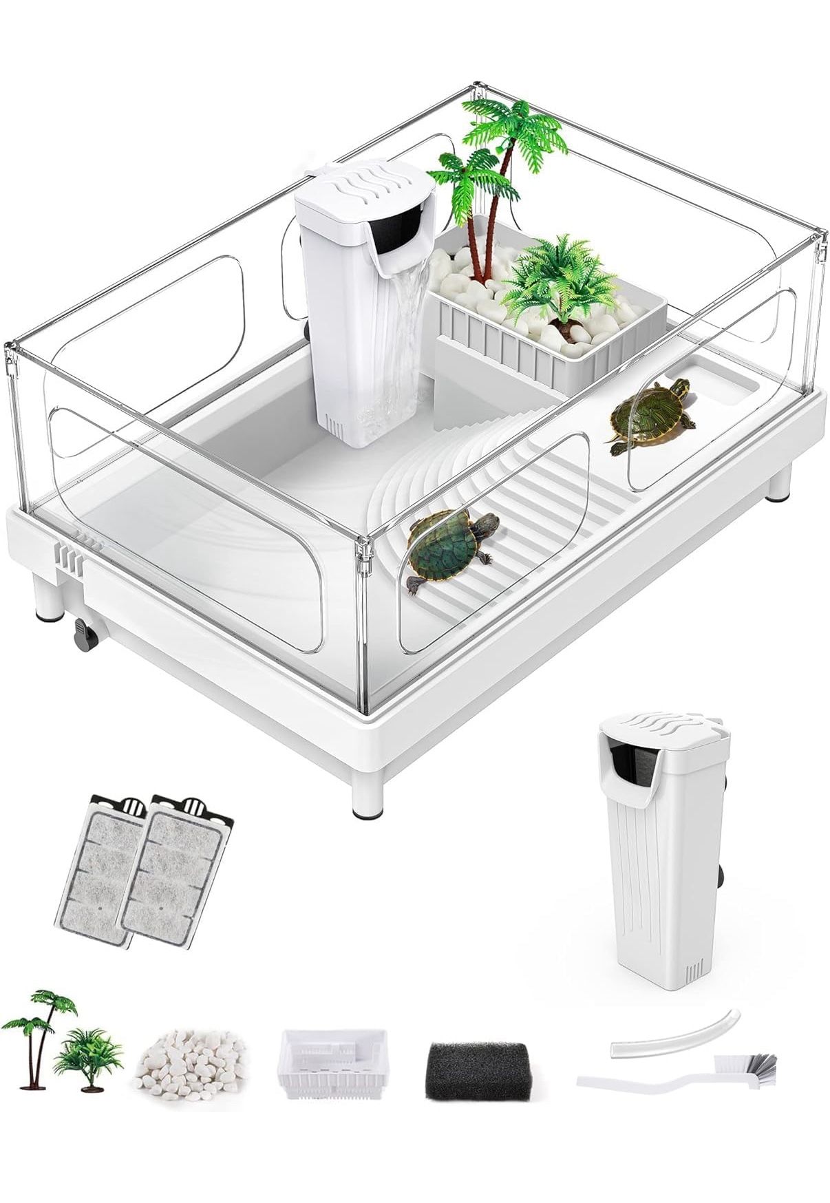 Small Turtle Tank with Filter, Turtle Aquarium, Acrylic Turtle Terrarium with Basking Platform, Bottom Drainage, Multi-Function Areas for Turtles, Cra