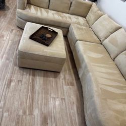 Custom L-Shaped Sectional + Storage Ottoman — Camel Performance Fabric (OBO)
