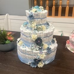 Blue Diaper Cake With Flowers
