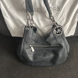 Michael Kors black leather handbag w/ silver chain strap