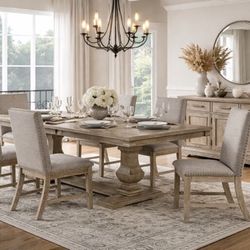 7 PIECE DINING ROOM TABLE SET DOUBLE PEDESTAL BASE WIRE BRUSHED BROWNISH GRAY FINISH COMEDOR