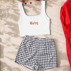 Letter Embroidery Plaid Pajama Set