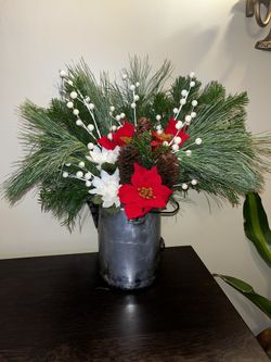 Holiday Christmas Floral Arrangements Fresh Evergreens & Silk Vintage Coffee Pot