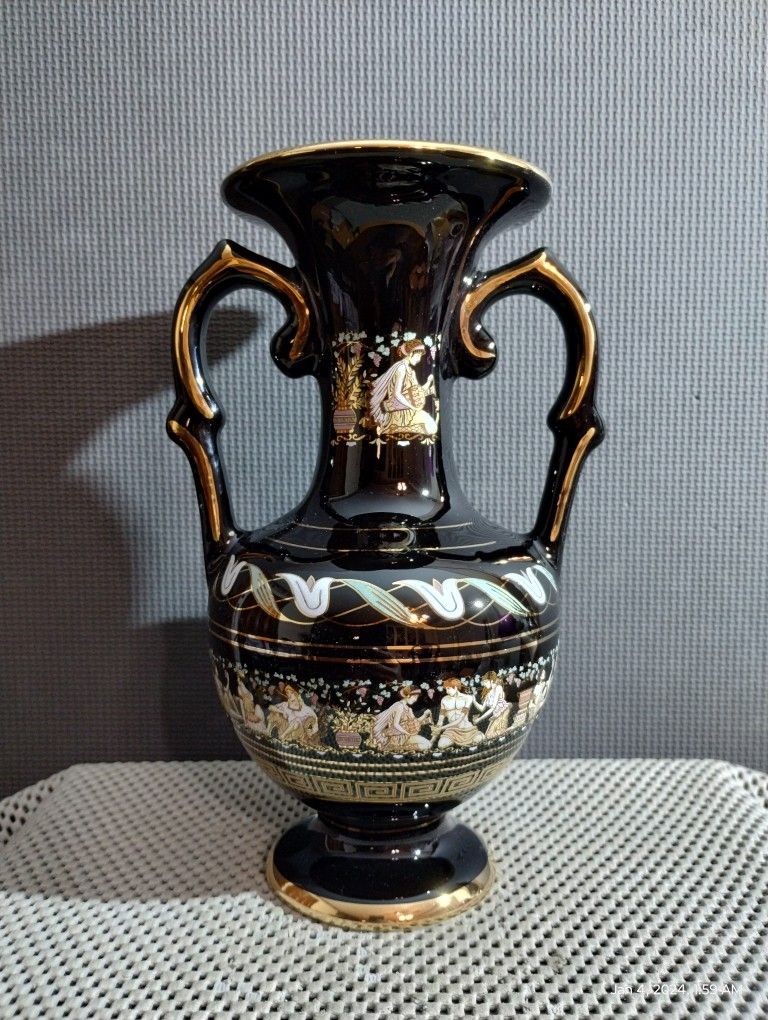 Vintage Special Fintias Hand Made Greek Vase Black w 24k Gold Accents Mythology