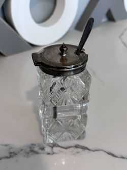 Antique Glass Cut Condiment Jar With Commemorative Spoon