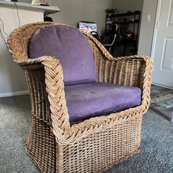 Wicker Chair with Purple Cushions/Pillows