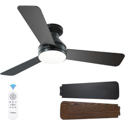 Amico Ceiling Fans with Lights, 42 inch Low Profile Ceiling Fan with Light and Remote Control, Flush Mount, Reversible, 3CCT, Dimmable, Noiseless, Bla